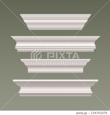 White cornice molding with decorative trim element 134741070