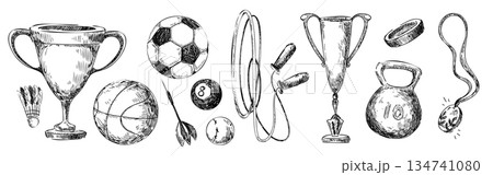 Sport equipment doodle set 134741080