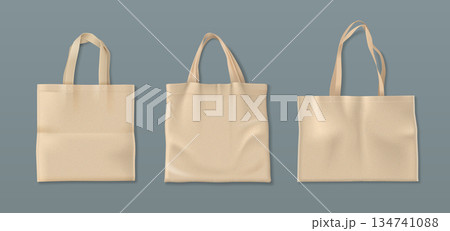 Beige fabric tote bag mockup with handles Beige fabric tote bag mockup with handles 134741088