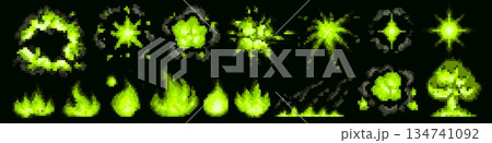 Pixel art explosion in glowing green toxic flames 134741092