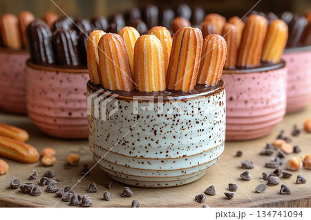 Gastronomy. Various of Mexican churros with chocolate. Street food setting. Cultural and global dessert. 134741094