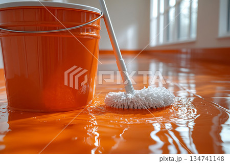 Perform for professional cleaning service ads. Bucket with mop and water on a white background. Janitors, offices and professional cleaning services. Perform for professional cleaning service ads. Bucket with mop and water on a white background. Janitors, offices and professional cleaning services. 134741148