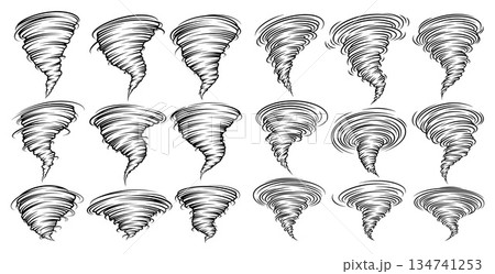 Tornado illustration collection, cyclone vortex drawing in simple design variations for weather or disaster concepts Tornado illustration collection, cyclone vortex drawing in simple design variations for weather or disaster concepts 134741253