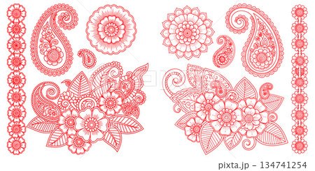 Traditional Indian paisley and floral mehndi patterns showcasing intricate decorative elements and borders 134741254
