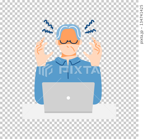 一般のシニア男性がPCを前にイライラしている表情のイラスト。フラットデザイン。 134741425