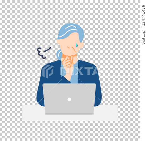 一般のシニア女性がPCを前に困惑している表情のイラスト。フラットデザイン。 134741426