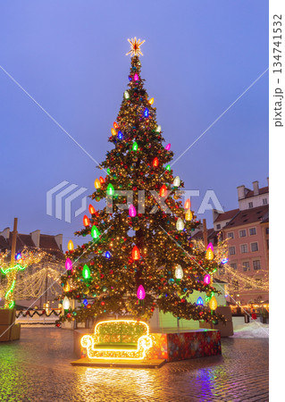 Christmas tree in Market Square in Warsaw Poland Christmas tree in Market Square in Warsaw Poland 134741532