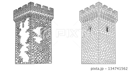 Two outlined stone towers, one ruined, illustration for storybooks and medieval concept 134741562