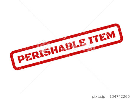 Textured rectangular rubber stamp warning identifying a specific item as perishable for careful handling and swift movement Textured rectangular rubber stamp warning identifying a specific item as perishable for careful handling and swift movement 134742260