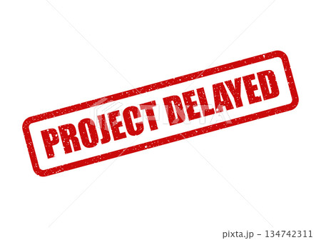 Warning red rectangular vintage stamp showcasing the important message project delayed indicating a project setback 134742311
