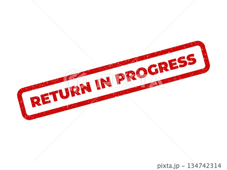 Weathered rectangular rubber stamp conveying a clear status message that an action is currently in progress 134742314