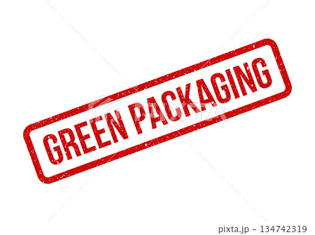 Weathered red rubber stamp illustration presenting the phrase GREEN PACKAGING for sustainable product wrapping solutions 134742319