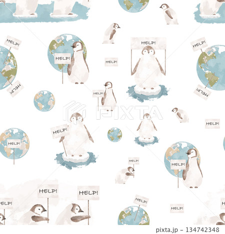 Penguins save Planet seamless pattern. Global warming concept. Climate change concept illustration 134742348