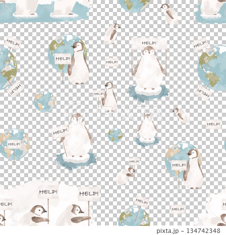 Penguins save Planet seamless pattern. Global warming concept. Climate change concept illustration 134742348