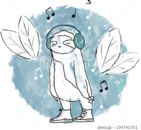 Cool sloth listening to the music in headphones, musical notes around, blue vintage background. Doodle cute sloth in sneakers hand drawn illustration. Music lover concept. Sloth lover art Cool sloth listening to the music in headphones, musical notes around, blue vintage background. Doodle cute sloth in sneakers hand drawn illustration. Music lover concept. Sloth lover art 134742351