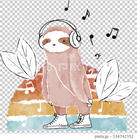 Cute pink sloth listening to the music art. Pink sloth in sneakers and headphones, tropical vintage art. Cool animals watercolor illustration Cute pink sloth listening to the music art. Pink sloth in sneakers and headphones, tropical vintage art. Cool animals watercolor illustration 134742352