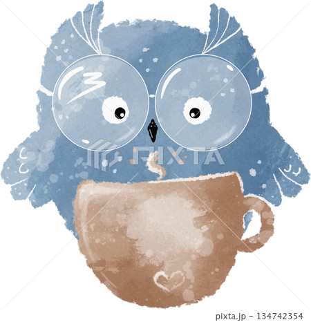 Smart baby owl watercolor illustration. Cartoon blue owl with cup of coffee. Watercolor bird illustration 134742354
