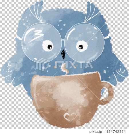 Smart baby owl watercolor illustration. Cartoon blue owl with cup of coffee. Watercolor bird illustration 134742354