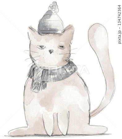 Grumpy cat. Hand drawn cat in winter hat and scarf. Funny Christmas cat. Funny cat sketch Grumpy cat. Hand drawn cat in winter hat and scarf. Funny Christmas cat. Funny cat sketch 134742364