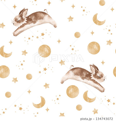 Magic rabbits seamless pattern. Watercolor baby animals pattern	 134743072