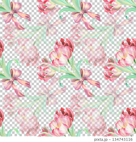 Seamless pattern of bouquet of tulips. Watercolor illustration. For fabric, wallpaper, packing paper, greeting cards, design, decoration and illustration. 134743116
