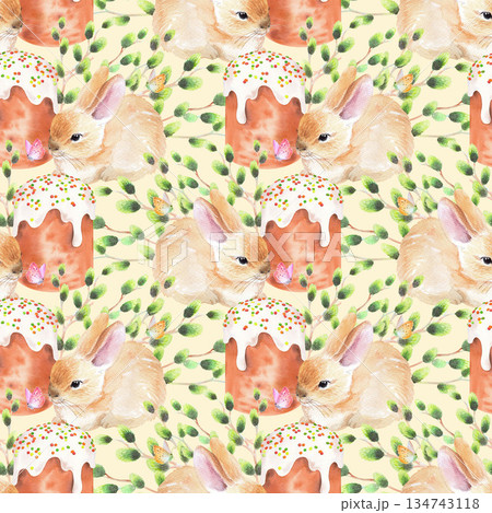 Seamless pattern of rabbit, cake, willows and butterflies on a beige background. Watercolor illustration. For fabric, wallpaper, packing paper, greeting cards, design, decoration and illustration. Seamless pattern of rabbit, cake, willows and butterflies on a beige background. Watercolor illustration. For fabric, wallpaper, packing paper, greeting cards, design, decoration and illustration. 134743118