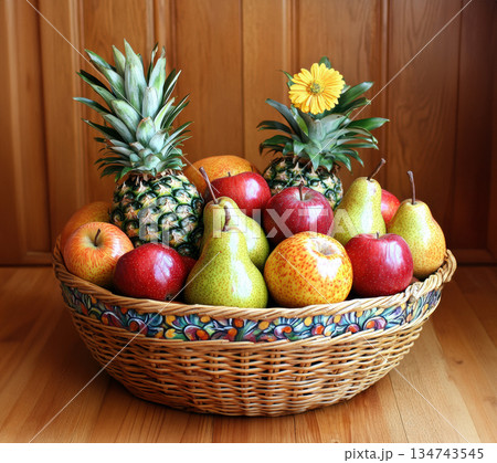 Festive basket filled with pears, apples, and citrus fruits surrounded by vibrant orange flowers and green leaves, topped red ribbon, harvest concept 134743545