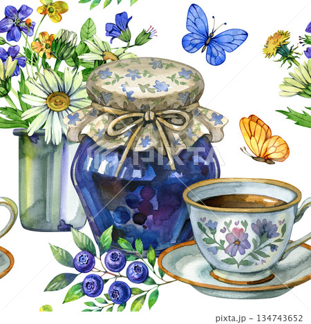 Seamless watercolor cottagecore pattern featuring blueberry jam jars, vintage teacups, wildflowers and butterflies. Cozy rustic illustration perfect for kitchen decor, packaging, textiles, and Seamless watercolor cottagecore pattern featuring blueberry jam jars, vintage teacups, wildflowers and butterflies. Cozy rustic illustration perfect for kitchen decor, packaging, textiles, and 134743652