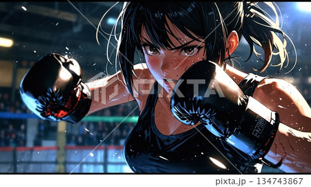ボクシングをしている少女の一瞬の表情 134743867