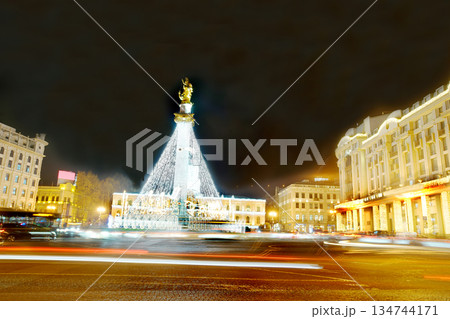 Freedom square in twilight - Christmas decoration in Tbilisi. Freedom square in twilight - Christmas decoration in Tbilisi. 134744171
