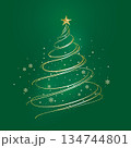 Elegant Christmas tree made of swirling golden lines and snowflakes on green background, vector 134744801