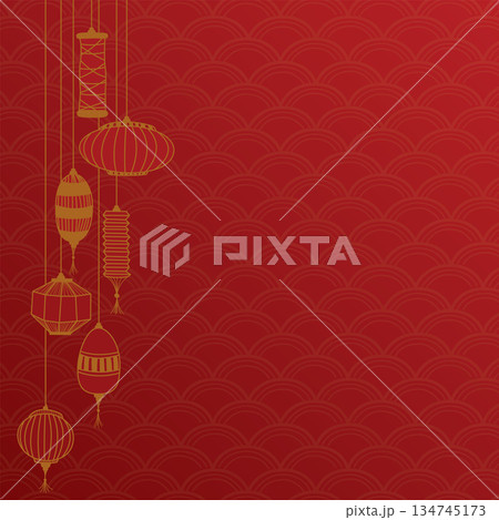 Hangling lantern hand drawn childish style on red background with oriental pattern.Chinese new year greeting card square template have blank space. Hangling lantern hand drawn childish style on red background with oriental pattern.Chinese new year greeting card square template have blank space. 134745173