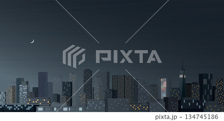 Skyscraper front view with night sky background graphic illustration have blank space. 134745186