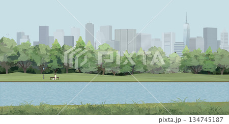 Public park with lake in the city have skyscrapers and blue sky background graphic illustration. 134745187