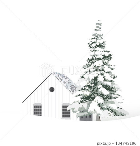 Minimalist snowscape have lonely pine tree and log cabin with white background graphic illustration. Merry Christmas and Happy New Year greeting card square template have blank space. 134745196