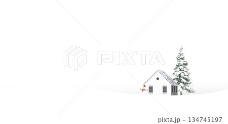 Minimalist snowscape have lonely pine tree, log cabin and snowman with white background graphic illustration. Merry Christmas and Happy New Year greeting card template have blank space. 134745197
