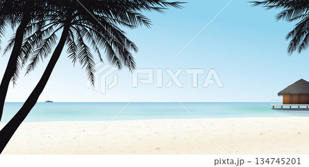 Minimalist seascape with overwater bungalow and silhouette palm trees graphic illustration have blank space. 134745201