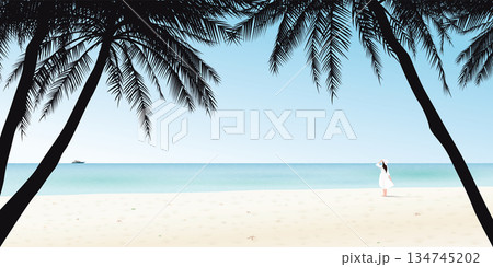 Minimalist seascape with silhouette palm trees and a woman at the beach graphic illustration have blank space. 134745202