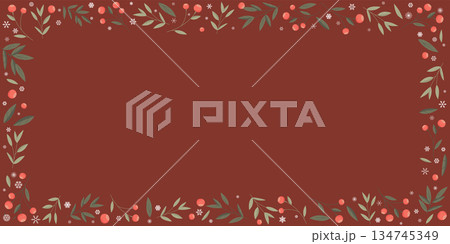 Holly berry and snowflake horizontal frame on red background graphic illustration. Merry Christmas and Happy New Year greeting card template have blank space. Holly berry and snowflake horizontal frame on red background graphic illustration. Merry Christmas and Happy New Year greeting card template have blank space. 134745349