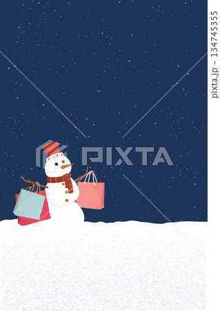 Snowman with shopping bags in Christmas eve at minimalist snowscape graphic illustration have blank space. Merry Christmas greeting card vertical template. Snowman with shopping bags in Christmas eve at minimalist snowscape graphic illustration have blank space. Merry Christmas greeting card vertical template. 134745355