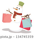 Snowman hanging shopping bags childish style isolated on white background graphic illustration. 134745359