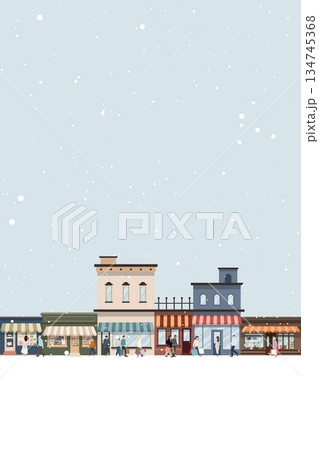 Cityscape winter season with snowfall have people holding a lot of shopping bags walking from retail store graphic illustration. Cityscape winter season with snowfall have people holding a lot of shopping bags walking from retail store graphic illustration. 134745368