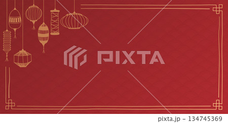 Chinese new year decoration frame with lantern hand drawn childish style on red horizontal background  134745369
