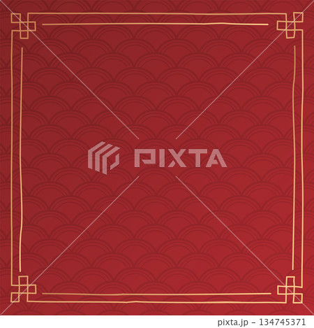 Decoration golden frame chinese style hand drawn on red square background have blank space. 134745371
