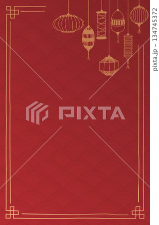 Chinese new year decoration frame with lantern hand drawn childish style on red vertical background have blank space. Chinese new year decoration frame with lantern hand drawn childish style on red vertical background have blank space. 134745372
