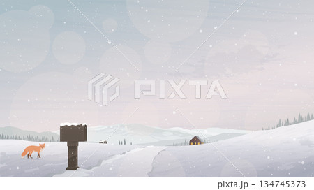 Lonely fox in minimalist countryside landscape covered by snow Lonely fox in minimalist countryside landscape covered by snow 134745373