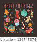 Christmas elements hand drawn childish style on brown background graphic illustration. Merry Christmas greeting card square template. 134745374