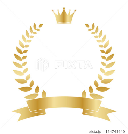 王冠とリボンをあしらった月桂冠のゴールドアワードフレーム 134745440