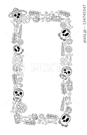 Dia de los Muertos. Frame for traditional Mexican holiday dedicated to the memory of the dead. Skull, flowers, bones, guitar, border, frame Dia de los Muertos. Frame for traditional Mexican holiday dedicated to the memory of the dead. Skull, flowers, bones, guitar, border, frame 134745547