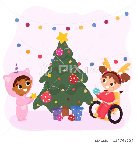 Multiethnic children decorate the Christmas tree 134745554
